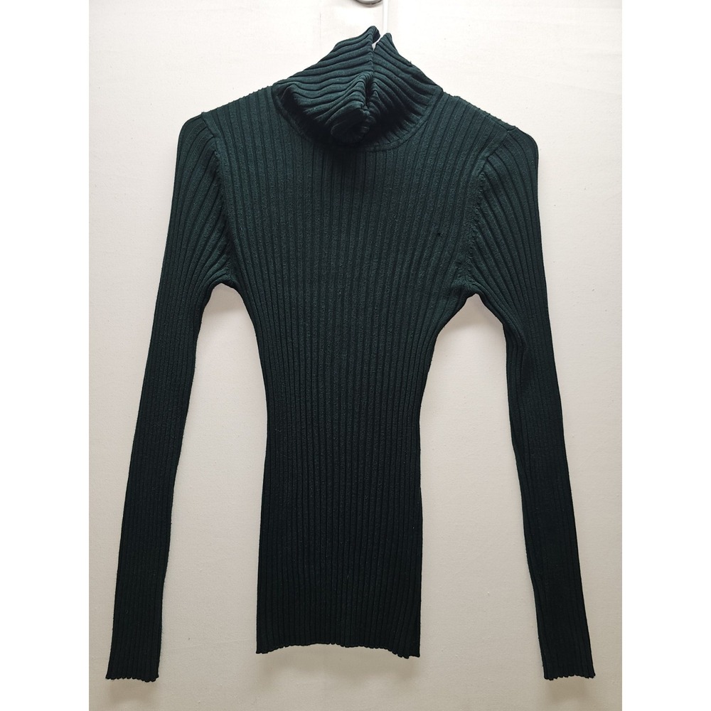 Womens M Green Ribbed Knit Turtleneck Sweater Stretch Dark Academia Grunge Y2K